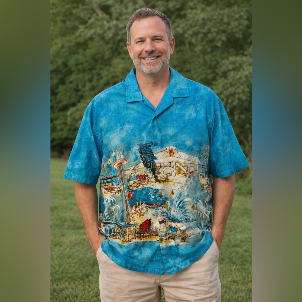 Aloha Republic Hawaiian Shirt XL Blue Seattle Skyline 100% Cotton Made Ha